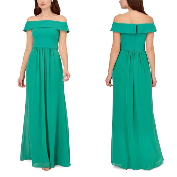 NWT Adrianna Papell Off The Shoulder Crepe Chiffon Gown Size 10 Botanical Green - Picture 1 of 13